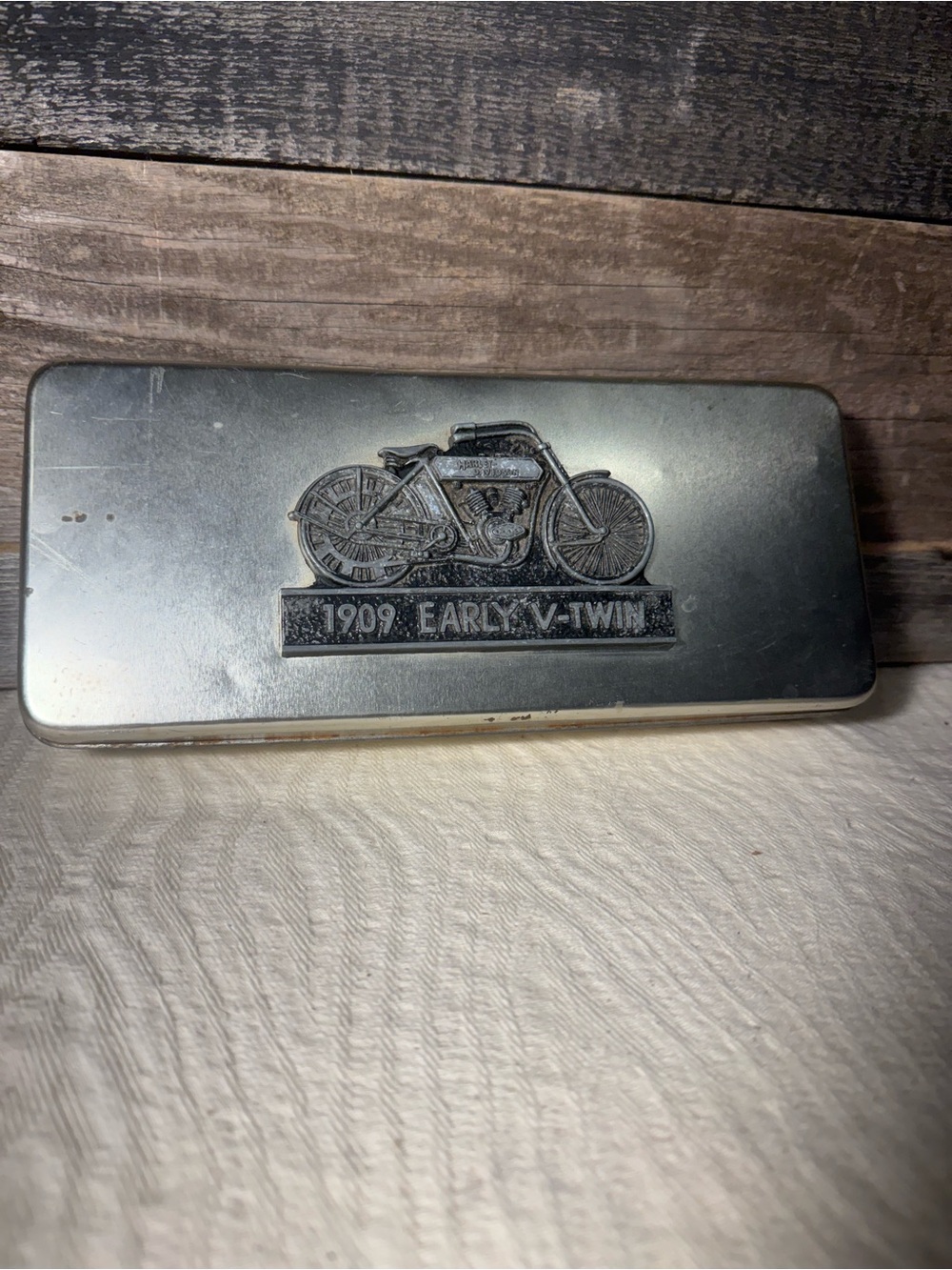 Vintage 1995 1909 Early V-Twin Motorcycle Candy Tin Metal Storage Box 9.5"